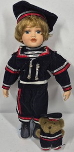 Porcelain Sailor Boy Doll in Black Velvet Uniform with Stand & Animal