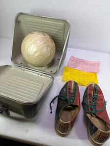 Vintage Ebonite Maxim IV Bowling Ball with Metal Case & Size 9 Bowling Shoes