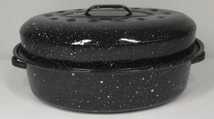 Black Speckled Enamelware Oval Roasting Pan with Domed Lid