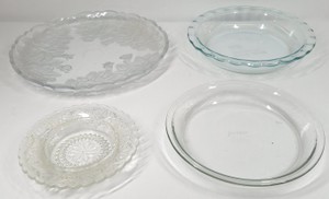 Pyrex Glass Pie Plates with Frosted Rose Serving Platter & Pressed Glass Bowl