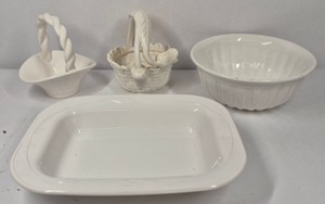 Assorted White Ceramic & Pottery Serving Dishes, Corning Bowl, Decorative Baskets & Platter