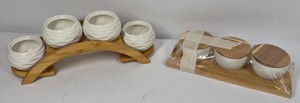 Decorative White Ceramic Planters with Bamboo Stands & Lidded Storage Bowls