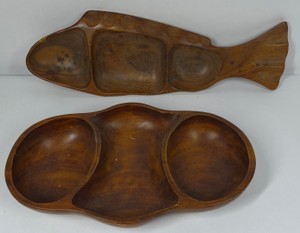Carved Wooden Fish-Shaped Serving Tray & Divided Wooden Snack Dish