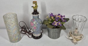 Decorative Table Lamps, Mosaic Glass Candle Holder & Artificial Violet Arrangement