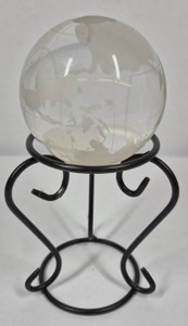 Etched Glass World Globe with Black Metal Scroll Display Stand