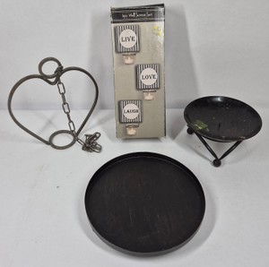 Assorted Metal Candle Holders, Hanging Heart Decor & Round Decorative Tray
