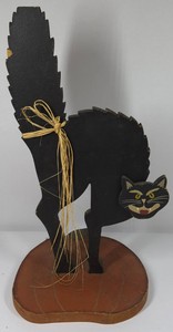 Primitive Halloween Black Cat Wooden Folk Art Tabletop Decoration