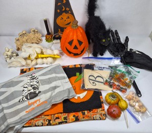 Assorted Halloween Decorations  Skeletons, Black Cat, Jack-O-Lantern, Ghosts & Fabric Dcor