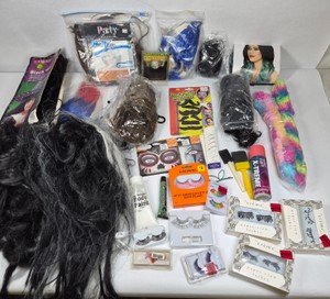 Assorted Costume Wigs, Hair Extensions, False Eyelashes & Halloween Makeup Supplies