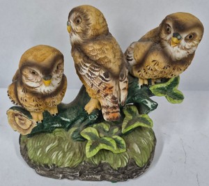 Vintage Ceramic Owl Family Figurine on Tree Branch with Green Leaves