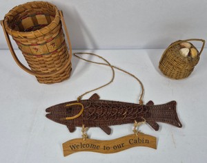 Rustic Woven Wicker Baskets & Fish-Shaped Welcome to Our Cabin Hanging Sign