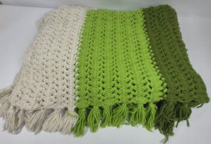 Handmade Crochet Striped Afghan Throw Blanket  Green, Lime & Cream with Fringe