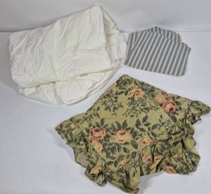 Assorted Bedding Linens White Sheets, Blue Striped Pillowcases & Floral Ruffled Pillow Shams