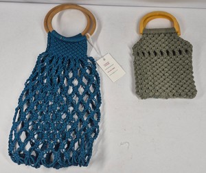 Sugarpop Macrame Blue Net Market Bag & Sage Green Crochet Handbag with Wood Handles
