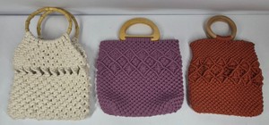 Assorted Macrame Handbags with Wood & Bamboo Handles  Purple, Rust & Ivory