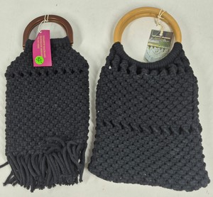 Sugarpop Macrame Handmade Black Handbags with Wooden Handles & Fringe