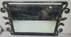 Ornate Wrought Iron Style Wall Mirror with Scrollwork Frame & Antique Black Finish
