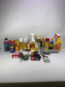 Assorted Shop Supplies, Cleaners, Lubricants & Grease Gun  WD-40, Goof Off, Zinsser, Krud Kutter