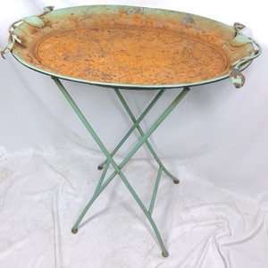 Vintage Oval Metal Folding Tray Table with Green Stand and Side Handles