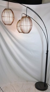Modern 3-Light Arc Floor Lamp with Woven Rattan-Style Pendant Shades