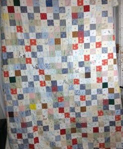 Vintage Handmade Multicolor Patchwork Square Quilt with Floral Fabric and Green Backing