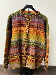 Hand-Knit Multicolor Geometric Button-Front Cardigan