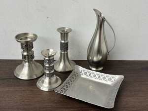 Pewter Candlesticks, Pitcher & Serving Tray Mixed Lot (5 Pieces)
