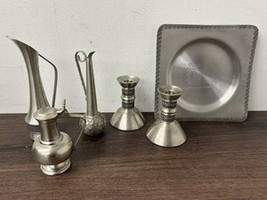 Pewter Decorative Platter, Candlesticks & Pitchers Mixed Lot