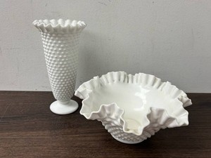 White Hobnail Milk Glass Vase & Ruffled Bowl Pair
