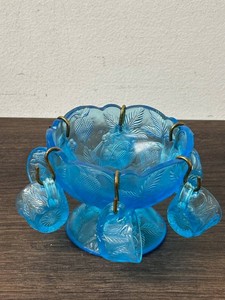 Blue Pressed-Glass Punch Bowl Set With 6 Cups