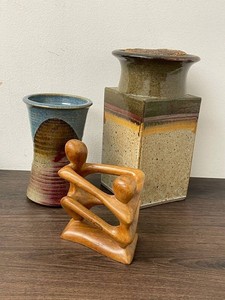 Studio Pottery Vases & Signed Wooden Sculpture Mixed Lot