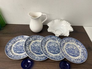 Royal Scenery Plates, Pitcher, Ruffled Bowl & Blue Glass Bowls Mixed Lot