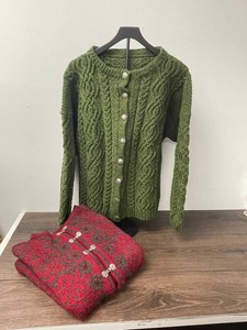 Knit Cardigan Sweaters - Green Cable Knit & Red Patterned (Lot of 2)