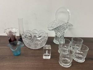 Mixed Lot Cut Glass Bowl, Basket, Tumblers, Vases & Memorial Blocks