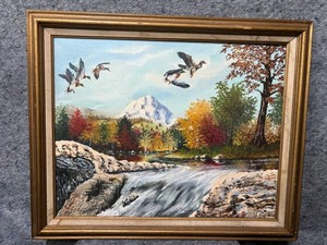 Signed B. Johnson Mountain Waterfall Landscape Painting