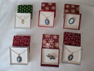 NIB Boxed Costume Jewelry Lot  Cameo Necklaces, Brooches & Crystal Heart NecklaceEarring Set