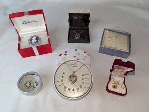 Boxed Costume Jewelry Collection  Cameos, Birthstone Necklaces, Heart Beat Pendant & R Necklace Set