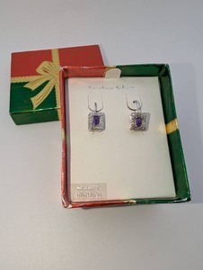 Sterling Silver Amethyst Rectangular Halo Drop Earrings with Gift Box  2.6g