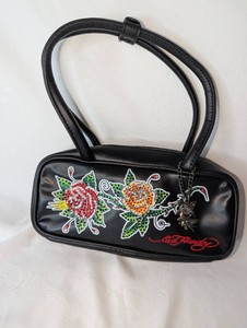 Ed Hardy Black Rhinestone Rose Shoulder Bag with Charm & Tiger Print Lining