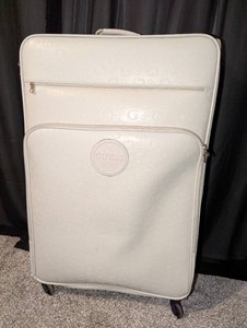 GUESS Los Angeles White Monogram Spinner Suitcase, XL 3  Embossed Rolling Luggage