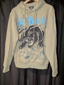 Ed Hardy Olive Green Black Panther Graphic Pullover Hoodie  Size Small