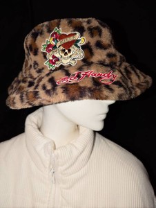 Ed Hardy Leopard Print Faux Fur Bucket Hat  Embroidered Love Kills Slowly Skull & Roses