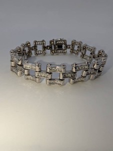 925 Sterling Silver Wide Link Bracelet with Clear Baguette-Style Stones  56.3 Grams