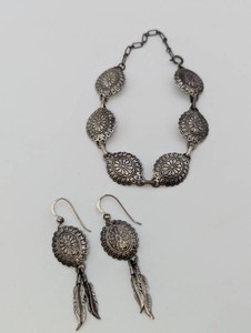 925 Sterling Silver Floral Concho Bracelet & Feather Earrings Set  11.5 Grams