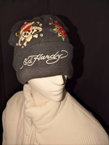 Ed Hardy Love Kills Slowly Skull & Roses Rhinestone Knit Beanie