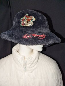 Ed Hardy Black Fuzzy Bucket Hat  Love Kills Slowly Skull & Roses