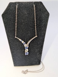 10K White Gold Tanzanite and Diamond Drop Necklace  2.6 Grams