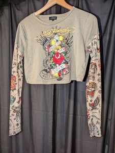 Ed Hardy True to My Love Cropped Top With Tattoo Print Mesh Sleeves- Size XL