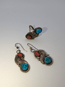 Sterling Silver Southwestern Turquoise and Coral Stone Earrings With Matching Ring  12.6 Grams