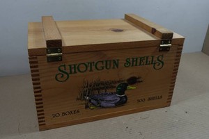 Wooden Shotgun Shell Box with Regulation Books and Hand Warmers